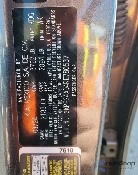 2024 Kia Forte Lx from USA, damaged, VIN 3KPF24AD4RE780537